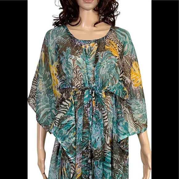 Sunflower Multi-Color Tropical Print Half Sheer Caftan Tunic Dress Cover Up OS - Picture 3 of 11